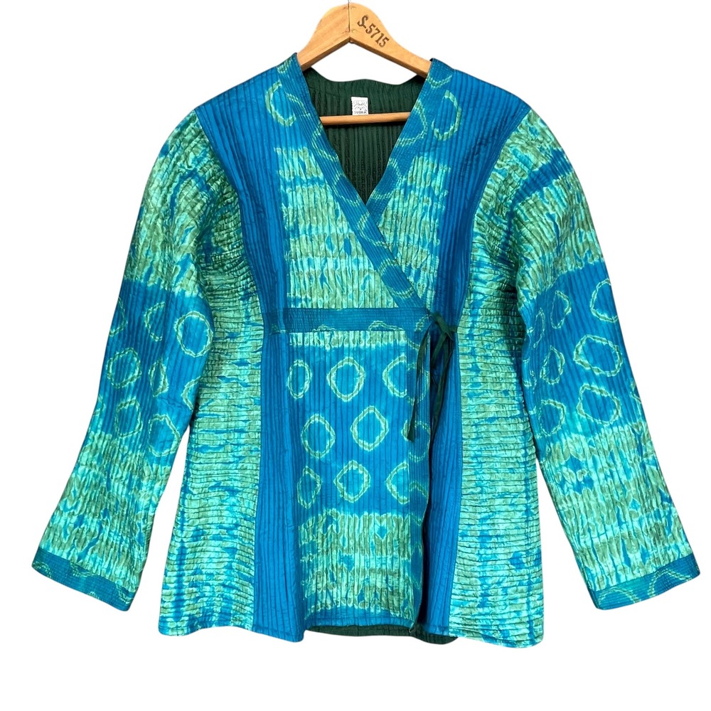 Sudha Women's Quilted Silk Wrap Blue Green‎ Diamond Pattern Boho Jacket Medium